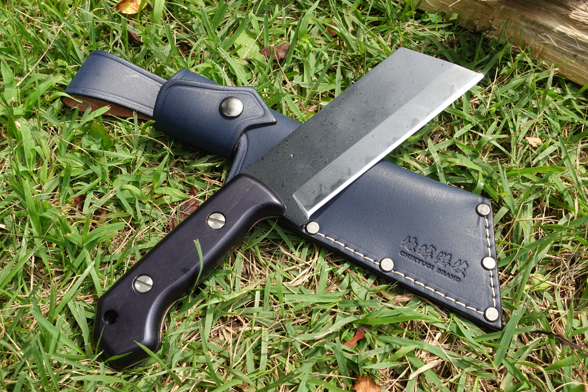 超限定 益荒男鉈「炎舞」15本限定 フルタング 黒刃 安来鋼白紙二号 積層 革ケース付 三条製